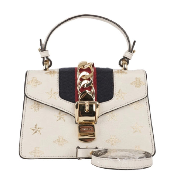 GUCCI CREAM BEE & STAR LEATHER SYLVIE SHOULDER BAG SMALL